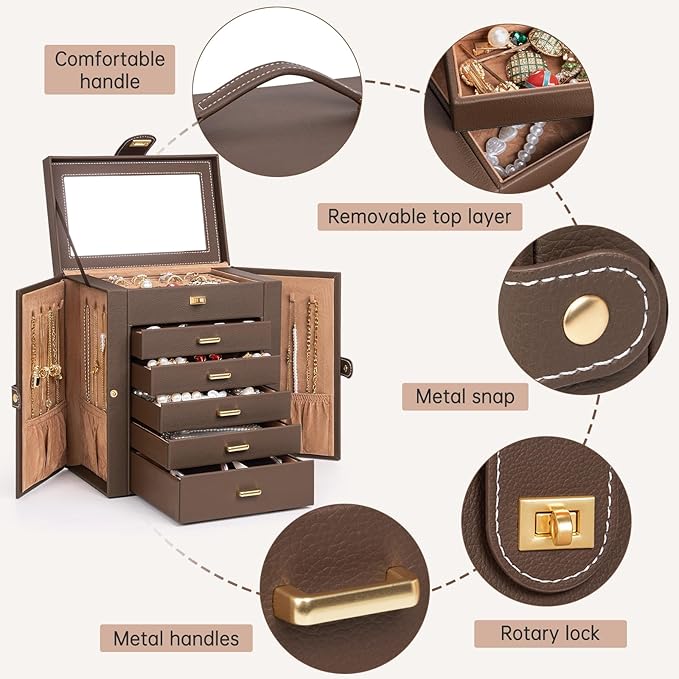 AKOZLIN 6-Tier Jewelry Box Organizer Functional 5 Drawers Leather Jewelry Storage Case for Women Girls Ring Necklace Earring Bracelet Holder Organizer with Mirror Brown