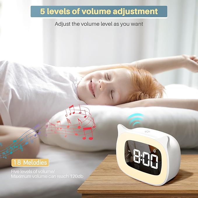 Kids Alarm Clock with Night Light & 18 Ringtones,Rechargeable,Cute Cat Ear Clock for Boys Girls Birthday Presents,Digital Clock for Children's Bedroom(White)