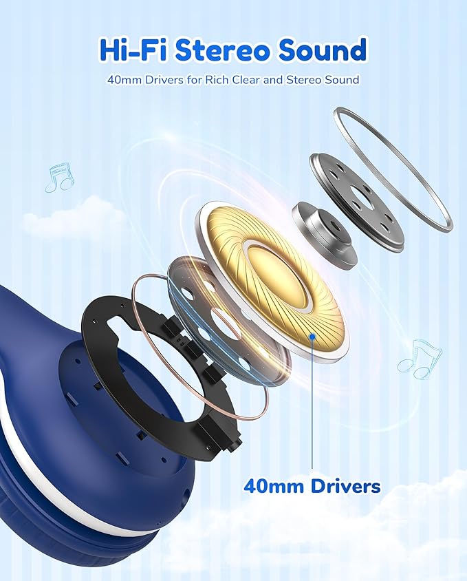EarFun K2 Kids Bluetooth Headphones, Kids Headphones with Volume Limited, 40H Playtime, Built-in Mic, Stereo Sound, Foldable Over-Ear Headphone for School/Travel/iPad/Tablet, Blue