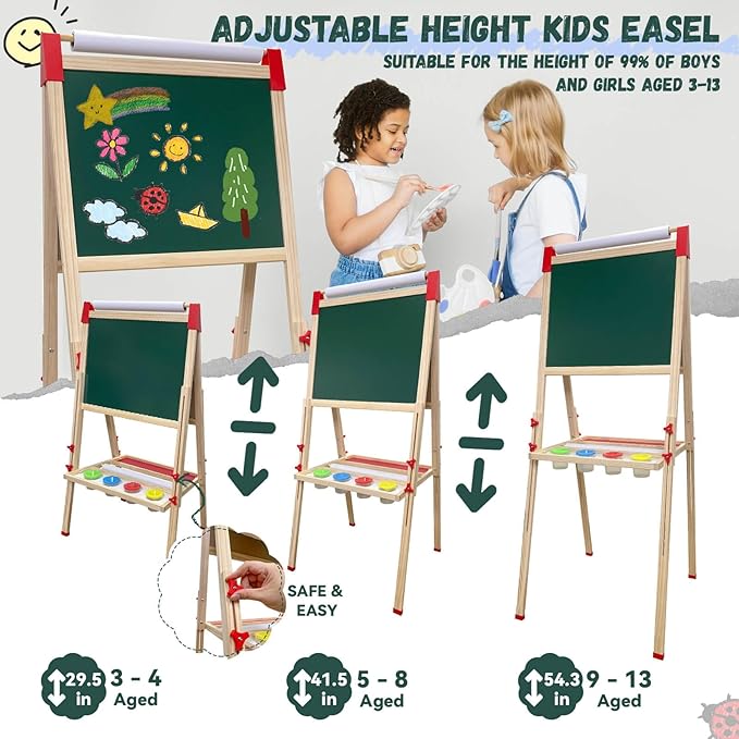 Easel for Kids,Adjustable Wooden Art Easel for Kids,114+ Art Supplies,Double Sided Magnetic Chalkboard and White Board for Kid,Drawing and Painting for Aged 2-4,5-7,8-12,2 Paper Rolls