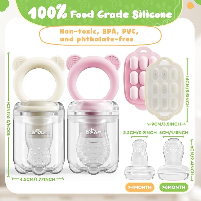 Bear Baby Fruit Food Feeder & Mini Freezer Nibble Tray Combo, 2 Pack Breastmilk Popsicle Molds for Baby Teething Relief, BPA Free Silicone Feeder for Safe Infant Self Feeding, Dishwasher Safe