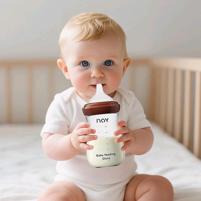 Natural Glass Baby Bottle for Breastfeeding Babies, 8oz Anti-Colic Baby Bottle with Natural Response Nipple(M), Clear, Wide Neck, 2 Pack, 3 Months+