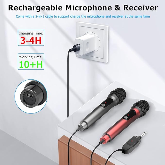 Aveek Wireless Microphone for Karaoke, 2.4GHz Rechargeable Karaoke Microphone(Work 10hs), for Speaker, Karaoke Machine,Church, Speech, Wedding, Party Singing, Grey&Red, 2 Packs