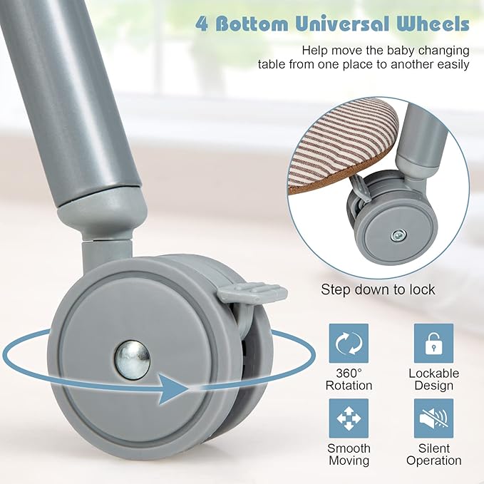 HONEY JOY Baby Changing Table with Bathtub, Foldable Infant Diaper Changing Station with Wheels, Storage Tray, Waterproof Pad, Portable Newborn Nursery Organizer Bath Stand for Boys Girls (Gray)