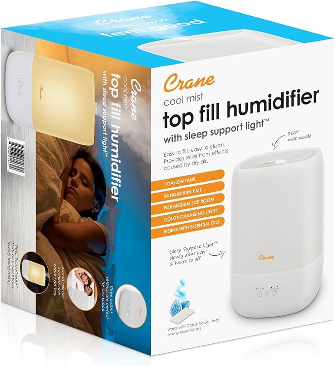 Crane Ultra-Quiet 3-in-1 Humidifier for Baby with Essential Oil Tray, 7-Color Sleep Light, 1 Gallon Top-Fill Tank, Ideal for Bedroom
