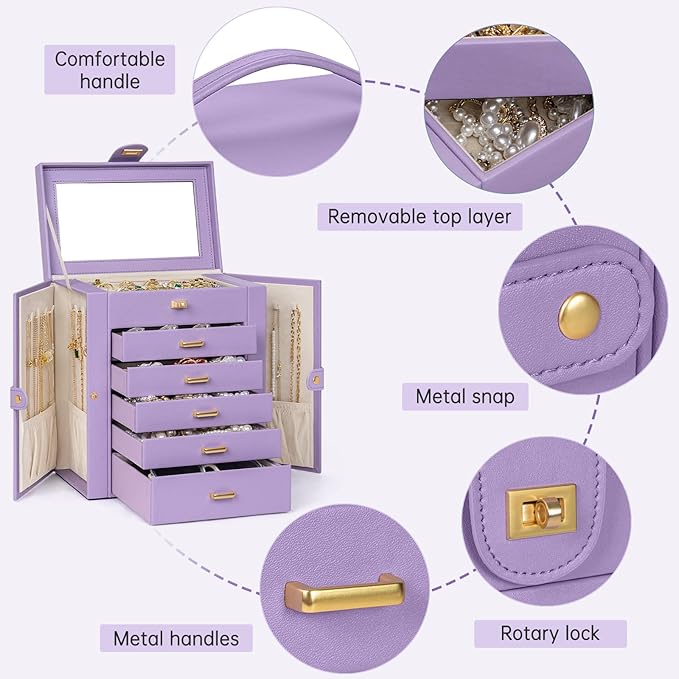 AKOZLIN 6-Tier Jewelry Box Organizer Functional 5 Drawers Leather Jewelry Storage Case for Women Girls Ring Necklace Earring Bracelet Holder Organizer with Mirror Violet