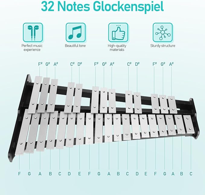 32 Note Glockenspiel Xylophone Percussion Kit with Height Adjustable Stand, Drumsticks and Carry Bag