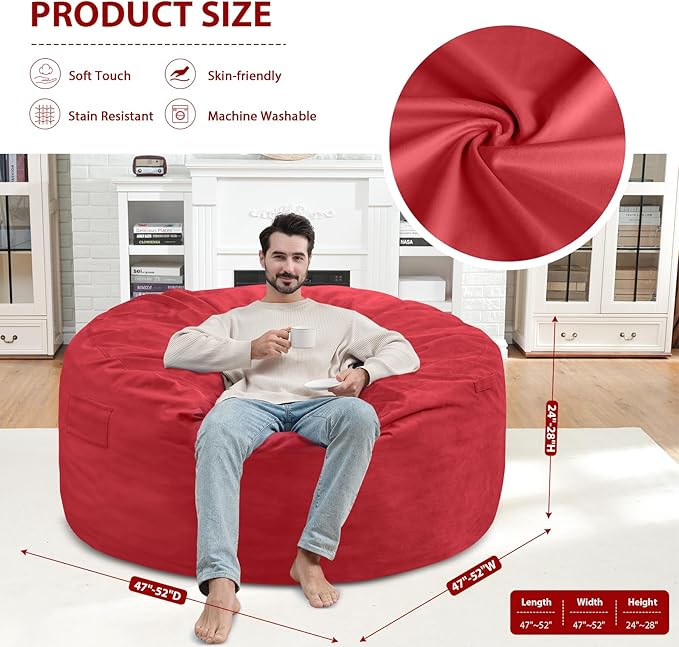 5FT Bean Bag Chair, Large Bean Bag Chairs with Memory Foam Filled, Fluffy Beanbag Sofa with Dutch Velvet Cover, Round BeanBag Chairs for Living Room, Playroom - Red