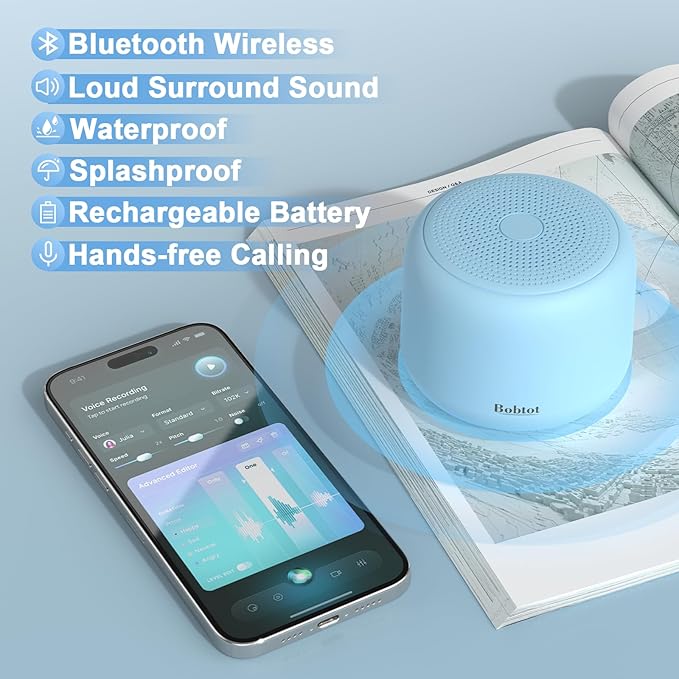 Bobtot Portable Bluetooth Speakers with Strap Easy to Carry, Wireless IPX5 Waterproof Mini Speaker with Loud Stereo Sound, 20 Hours Playtime, Rechargeable Battery, Built-in Microphone, Blue