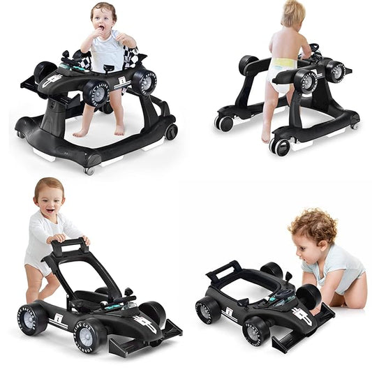 HONEY JOY 4-in-1 Baby Walker, Activity Push Walker w/3 Adjustable Heights, Smooth Wheels w/Adjustable Speed, Padded Seat, Music & Light, Foldable Car Walker for Baby Boys Girls Age 6 Months+ (Black)