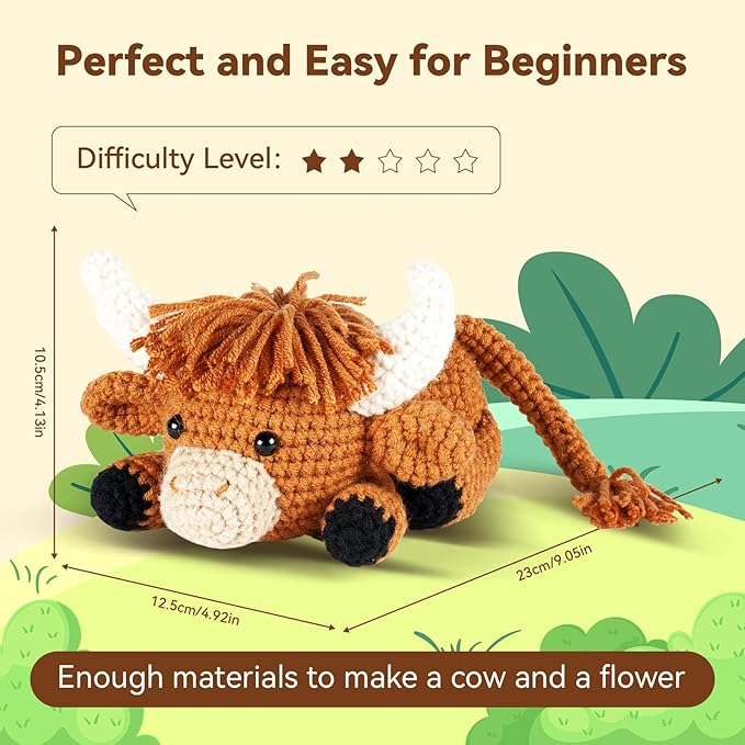 Crochet Kit for Beginners, Learn to Crochet, Include Easy Knitting Soft Yarn, Step-by-Step Video Tutorial, Hook, Holiday Birthday Gift for Adults and Kids(Highland Cow)