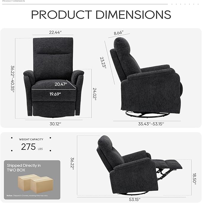 COLAMY Swivel Recliner Chair with Footrest, High Back with Double-Layer Cushion, Glider Recliner for Nursery & Living Room, Bedroom, Dark Grey