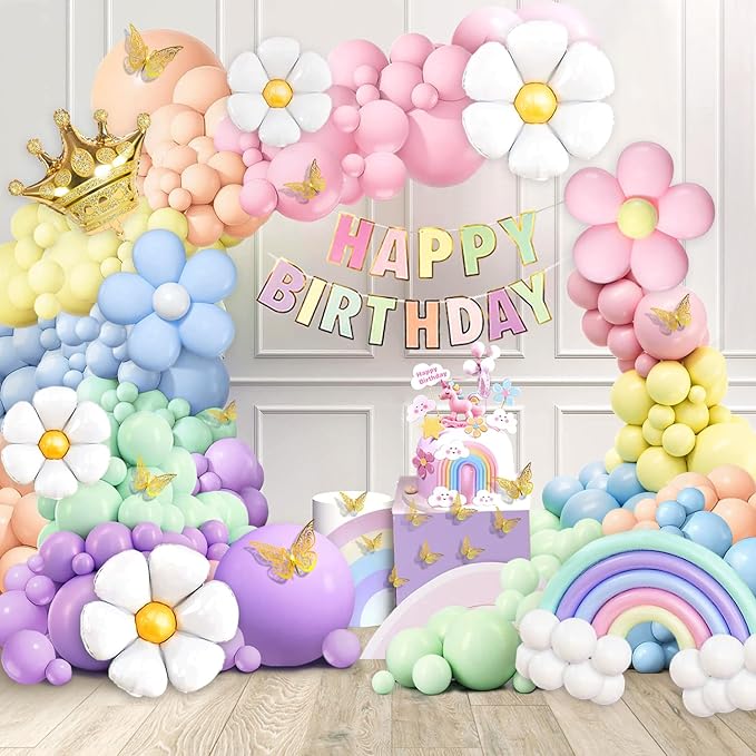 219Pcs Daisy Balloon Arch Garland Kit - Pastel Rainbow Balloons Arch Kit with Daisy Balloons,Banner,Cake Toppers,12 3D Butterfly, for Birthday Party, Baby Shower, Flower Themed Party Decorations
