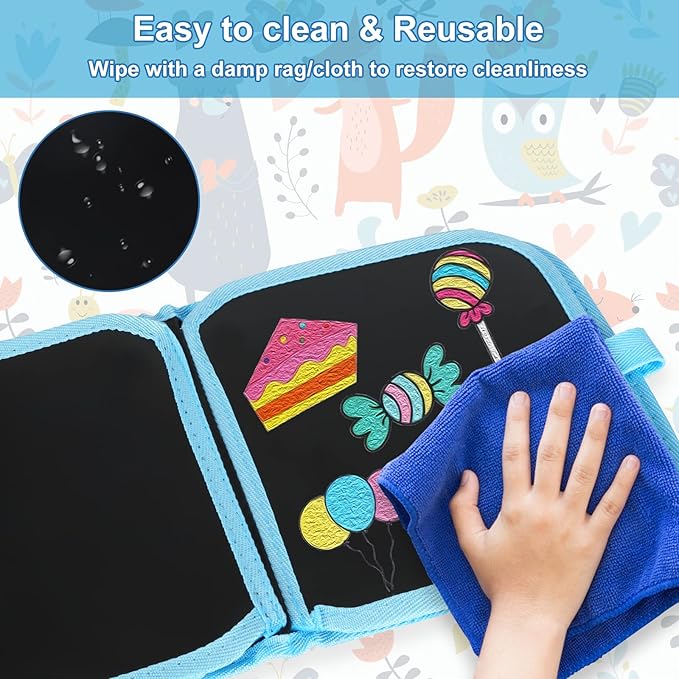 Erasable Kids' Doodle Set, Magic Drawing Book, Reusable 12 Watercolor Pens, 14 Page Car Game Set (Owl Blue)