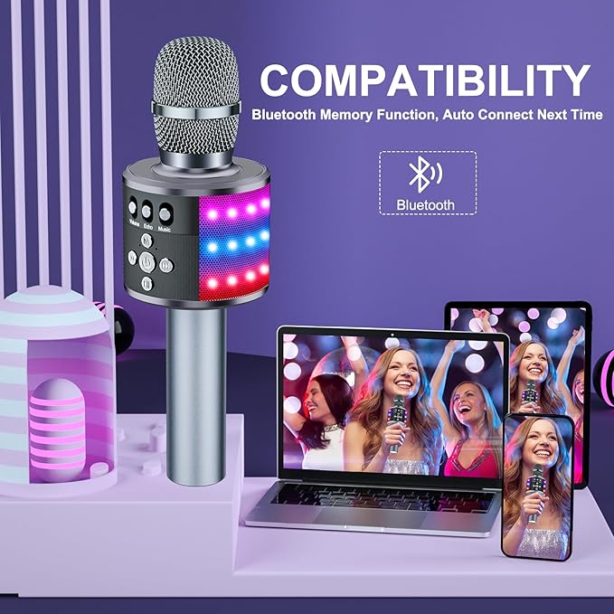 BONAOK Karaoke Microphone for Kids & Adults - Bluetooth Microphones Singing Mic with Disco Lights, Echo Effect, Built-in Speaker Portable Karaoke Player for Party Travel Gifts Q78(Space Gary)