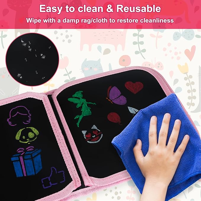Erasable Doodle Set for Kids - Magic Drawing Book With 12 Watercolor Pens, 14 Page Reusable Book, Road Trip Car Game Writing Painting Set for Boys and Girls (Cat Pink)