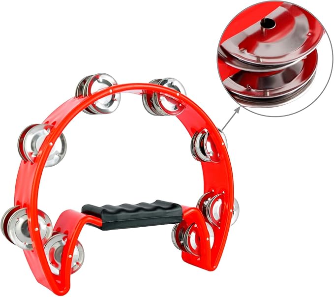 EastRock Tambourine Metal Jingles Hand Held Percussion Half Moon Tambourine for Kids, Adults, KTV, Party Red