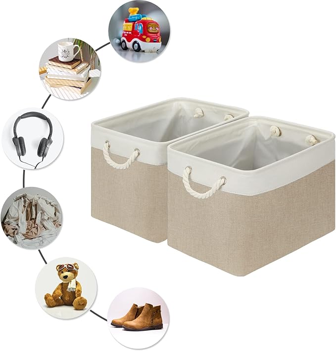 DULLEMELO Storage Baskets Large 16"x12"x12" Tall Rectangular Baskets Fabric Storage Bins for Organizing, Collapsible Shelf Baskets Boxes for Closet, Clothes, Toys (2 Pack,White&Khaki)