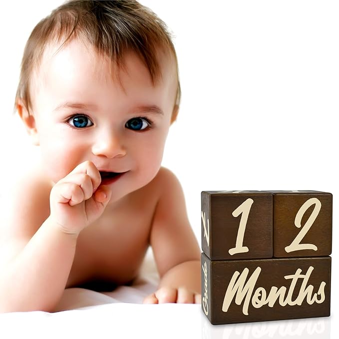 I'm Solid Wood Weekly Monthly Yearly Baby Milestone Age Blocks, Gender Neutral, Newborn Gifts & Keepsakes for Picture Props (3 Pcs/Brown)
