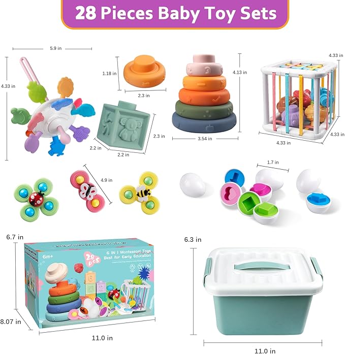 Baby Toys for 6 to 12 Months, Montessori Sensory Bins & Teething Toys, 6 in 1 Stacking Blocks, Rings, Eggs, Spinner, Crab Shape, 27 Pieces, Ages 6-36 Months