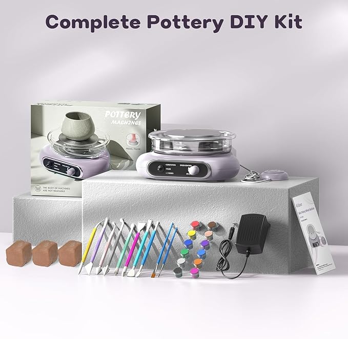 Alldeer Mini Pottery Wheel Kit - 4.7" Turntable Electric Clay Wheel with Foot Pedal, Adjustable Speed Ceramic Making Machine with 8 Pottery Shaping Tools, Craft Kits for Kids