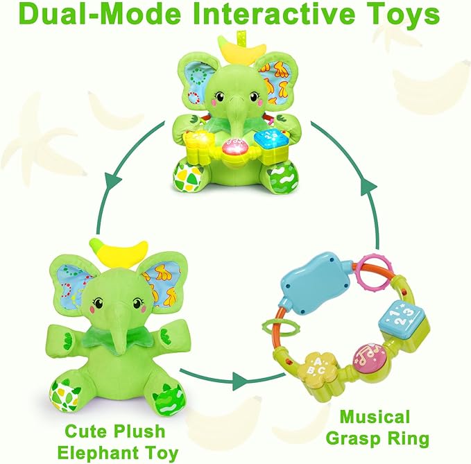 Baby Elephant Musical Stuffed Animals Toy with Light-Up Music & Crinkle Sound Paper,Infant Bilingual Early Learning Education Toys,Tummy Time Toys for 0-3-6-12+ Months Boy Girl, Green