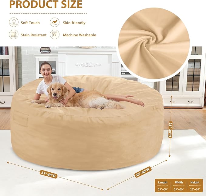 6FT Bean Bag Chair, Large Bean Bag Chairs with Memory Foam Filled, Fluffy Beanbag Sofa with Dutch Velvet Cover, Round BeanBag Chairs for Living Room, Playroom - Khaki