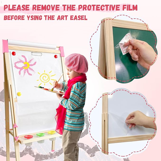 Easel for Kids,Adjustable Wooden Art Easel for Kids,119+ Art Supplies,Double Sided Magnetic Chalkboard and White Board Whit Storage Basket,Drawing and Painting for Aged 2-4,5-7,8-12,2 Paper Rolls
