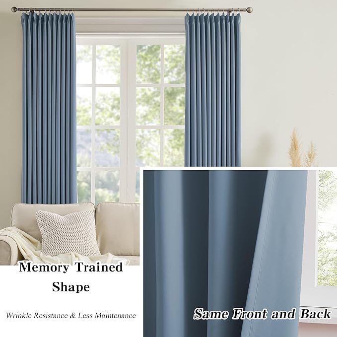 KEQIAOSUOCAI Extra Wide Dusty Blue Pinch Pleated Curtains 100 x 84, Thermal Insulated Noise Cancelling Living Room Drapes 84 inches Long, Patio Sliding Glass Door Window Curtain 2 Panels