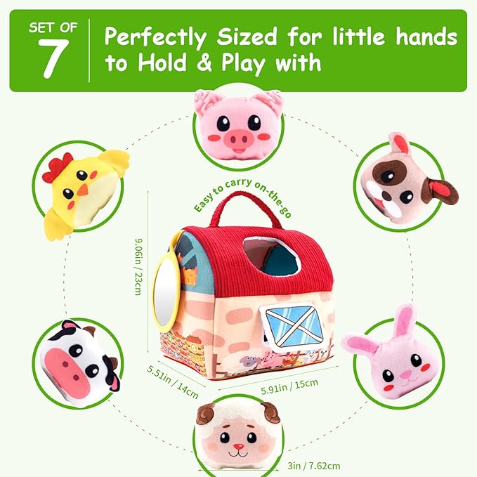 Baby Toys 6-12 Months, Soft Barn Toy with 6 Stuffed Farm Animals, Rattle, Crinkle, Mirror, Sensory Toys for Toddlers 1-3, 6 7 8 9 10 Month Old Baby Toys, Montessori Toys Gift for 1 Year Old Boy Girl