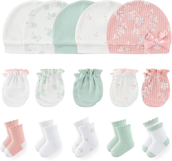 Newborn Baby Boy Girl Caps Mittens Socks Set Cotton Baby Essentials Accessories (Hats+Gloves+Socks)