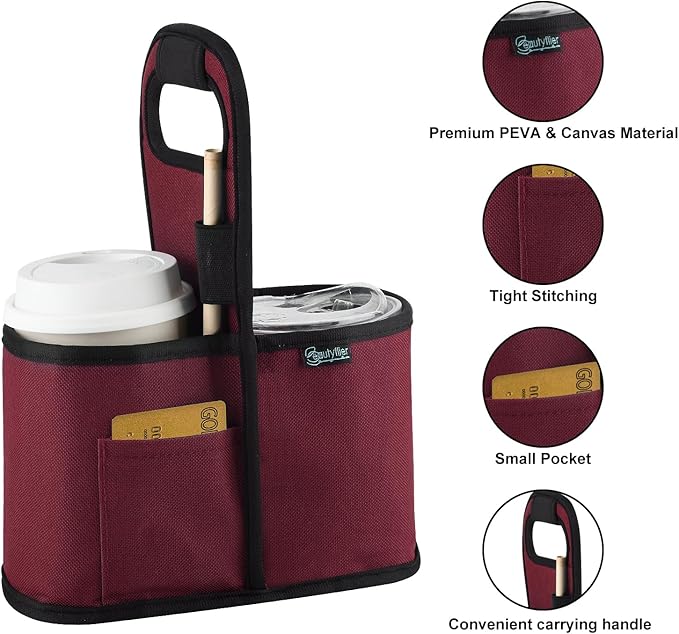 Beautyflier Drink Carrier with Handle for Delivery Reusable Insulated Coffee Cup Carrier Portable 2 Cup Holder with Handle Organizer Tote Bag for Hot & Cold Drinks, Red