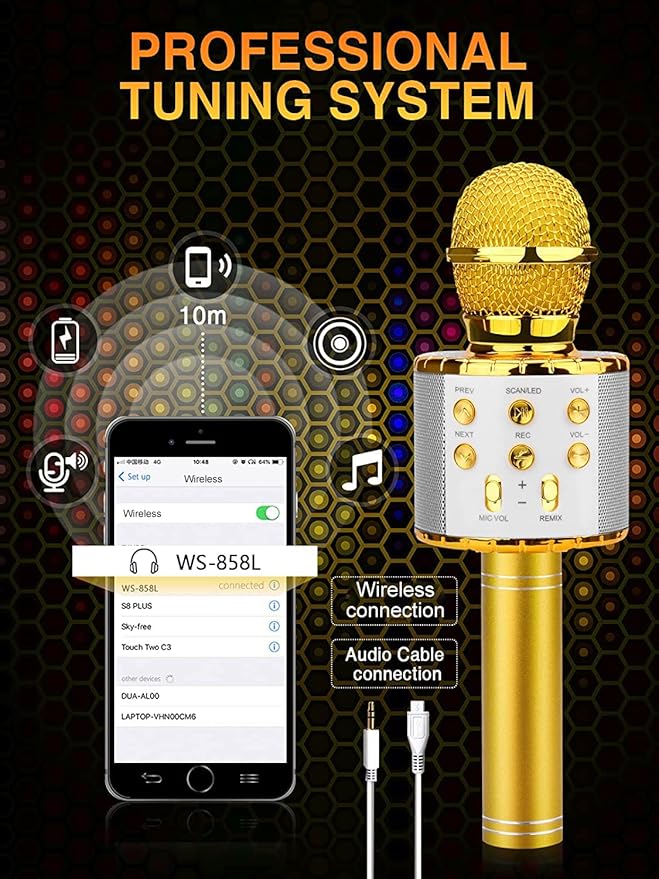BlueFire 4 in 1 Karaoke Wireless Microphone with LED Lights, Portable Microphone for Kids, Great Gifts Toys for Kids, Girls, Boys and Adults (Gold)