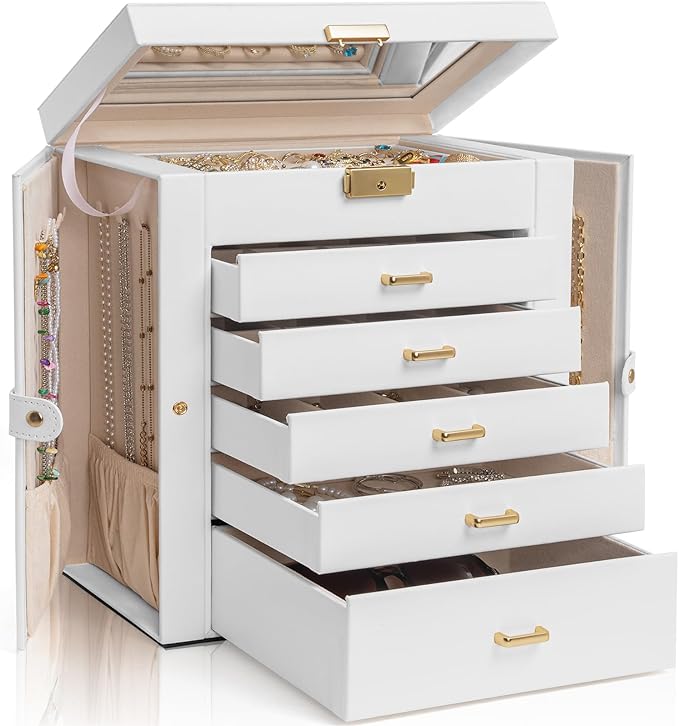AKOZLIN Large 6-Tier Jewelry Box Lockable Leather Jewelry Storage Case with 5 Drawers for Women Girls Ring Necklace Earring Bracelet Holder Organizer with Mirror