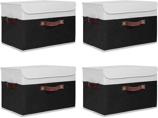 ANMINY 4PCS Storage Boxes with Lid Washable Decorative Storage Bins Basket with PU Leather Handle Foldable Linen Fabric Storage Cubes Containers for Home Closet Organizer - Black White, Large Size