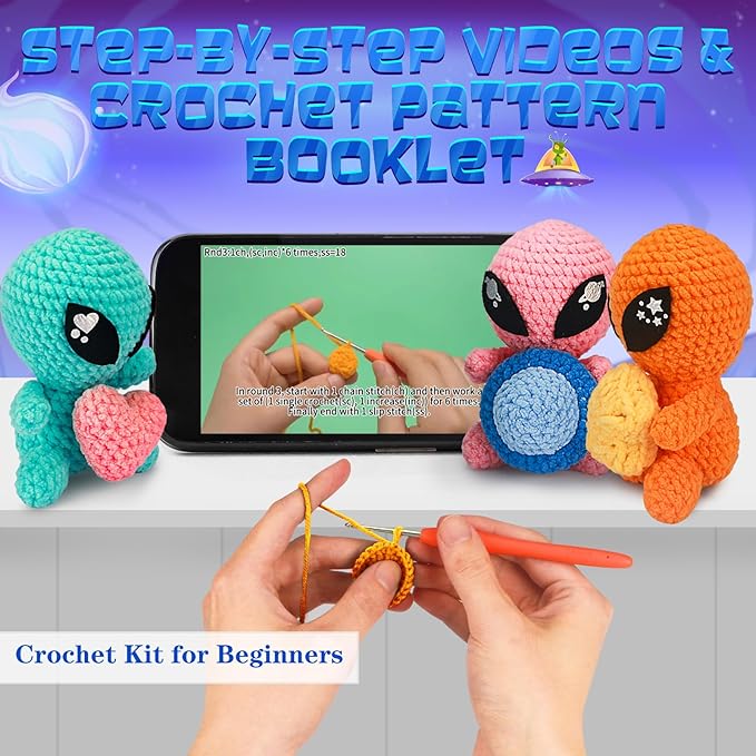 ekaus Crochet Kit for Beginners, Crochet Kit with Step-by-Step Video Tutorials, Crochet DIY Knitting Supplies for Adults Kids, Crochet Aliens(45%+ Yarn)
