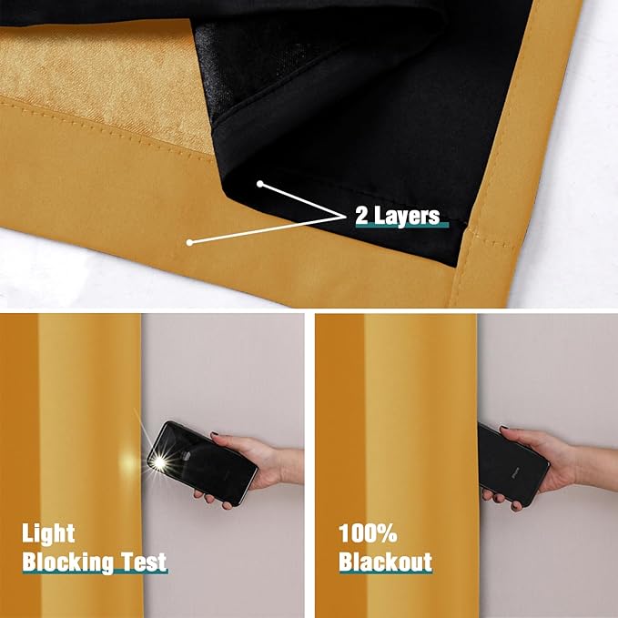 ChrisDowa 100% Blackout Curtains for Bedroom with Black Liner, 2 Thick Layers Total Blackout Thermal Insulated Grommet Window Curtains 2 Panels Set (Mustard Yellow, 52 x 63 Inch)