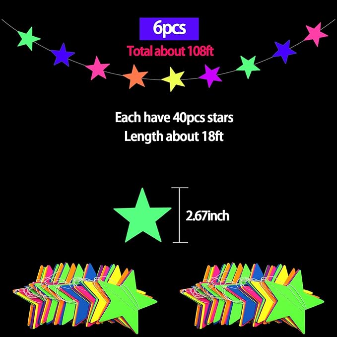 108feet UV Neon Paper Star Garland Glow in The Dark Streamers for neon Party Supplies UV Fluorescent Reactive Paper Star Banner for Wedding Birthday Glow in The Dark Party Favors Neon Party Decor…