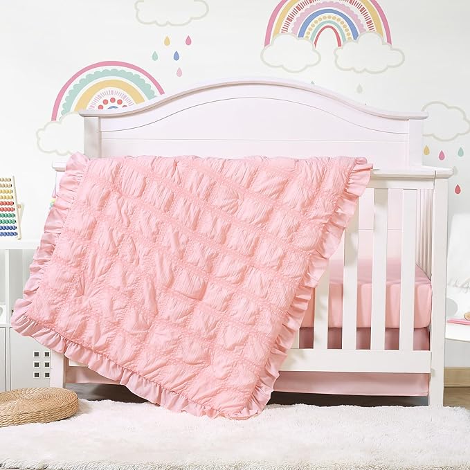 Cloele 3 Pieces Crib Bedding Set for Girls,Standard Size Pink Ruffled Nursery Crib Baby Bedding Set Includes Comforter Fitted Sheet Crib Skirt -Girls Solid Seersucker Ruffle Quilt