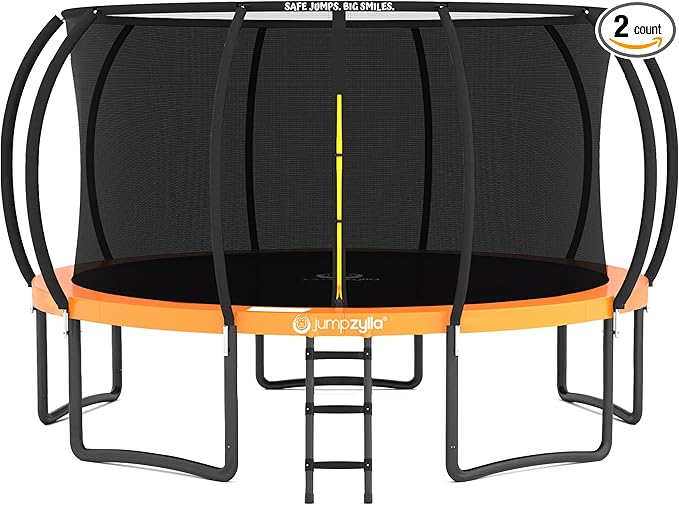 JUMPZYLLA Trampoline Outdoor 8FT 10FT 12FT 14FT 15FT 16FT with Enclosure and Ladder, ASTM Approved Recreational Trampoline for Kids and Adults, Anti-Rust Coated Frame