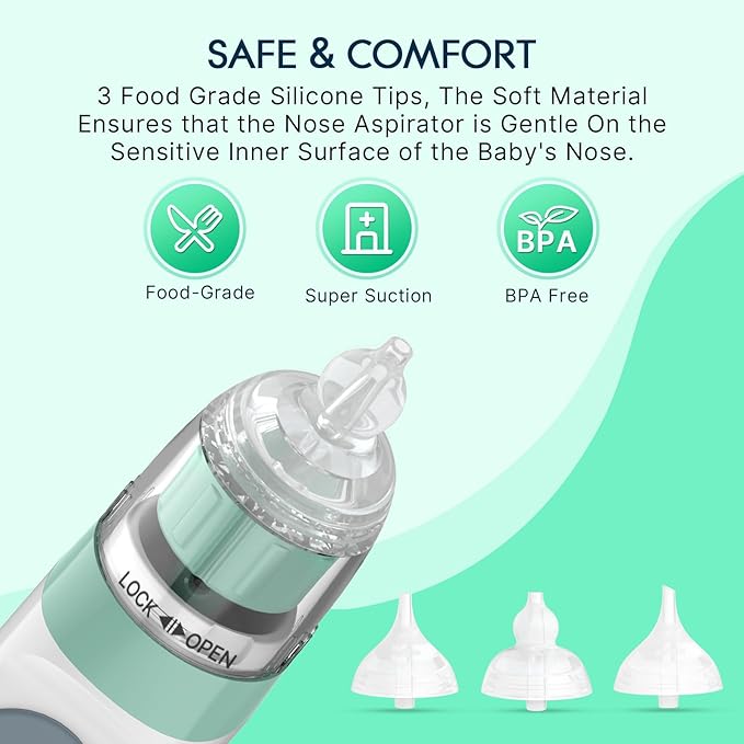 Electric Nasal Aspirator for Baby, Nose Aspirator for Toddlers, Waterproof Baby Nose Sucker, Nose Cleaner with 3 Silicone Tips, Adjustable Suction Level, Music and Light Soothing Function,Green
