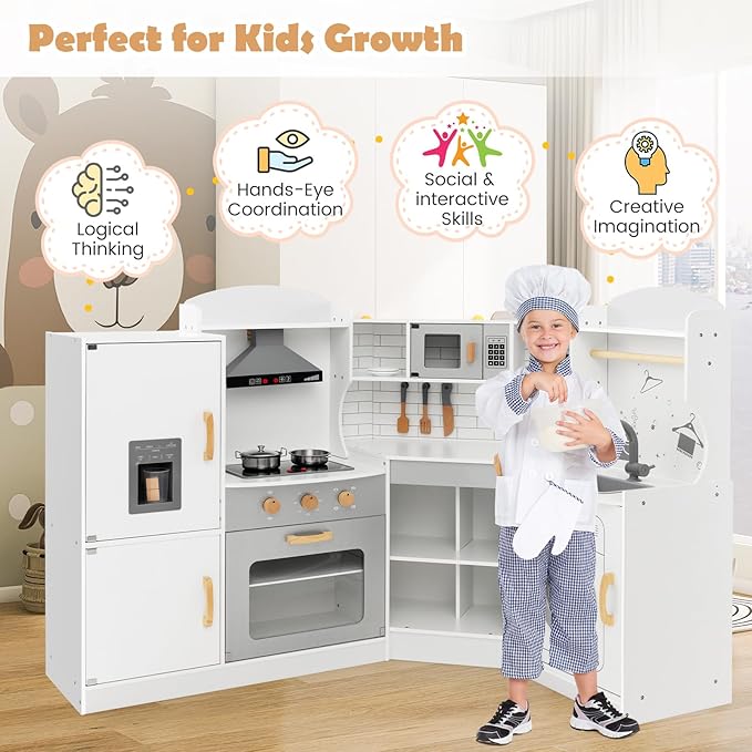 Costzon Corner Kids Kitchen Playset, Wooden Play Kitchen with Sounds & Lights, Washing Machine, Range Hood, Ice Maker, Microwave, Oven, Sink, Pretend Toy Kitchen Set for Toddler, Gift for Boys Girls