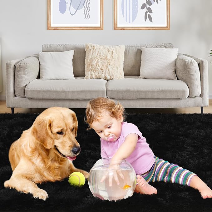 Black Area Rug, 5x7, Soft Plush for Living Room, Bedroom & Nursery, Non-Slip Indoor Carpet for Study, Kids Room Decor