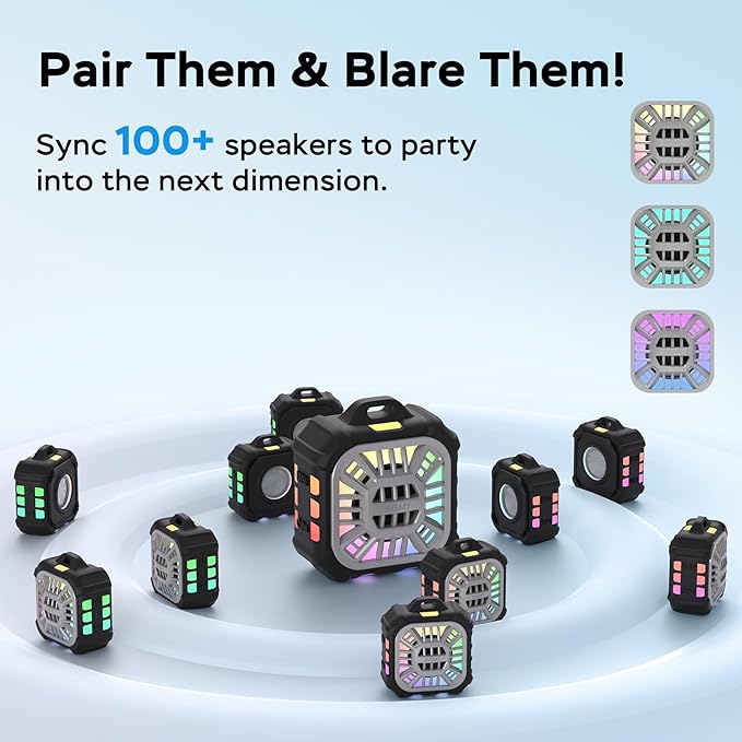 INSMY IP67 Waterproof Bluetooth Speaker, Shower Speaker Portable Small Clip-on, Multi Sync 100+ Speakers, Big Volume Booming Bass, 24H Playtime/Floatable/RGB Lights for Outdoor/Kayak/Beach (Black)