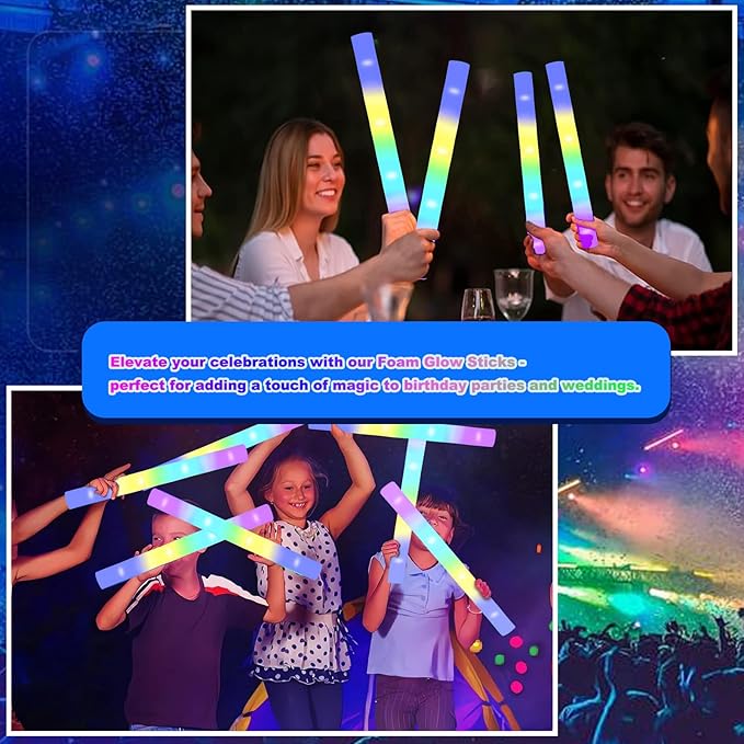 48-Count Foam Glow Sticks Party Pack - 4 Colors, Steady Bright Light Up Sticks for Weddings, Birthdays, Christmas, Halloween | Foam Glow Sticks Bulk Reusable, 6-Hr Glow, Eco-Friendly Foam