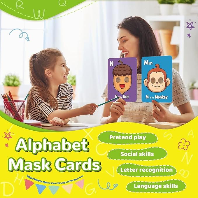 Alphabet ABC Flash Cards with Animal Masks, 26 Pcs Animal mask Alphabet Cards, Interactive Education Games, Learn Letters, English Phrases(Colorful)