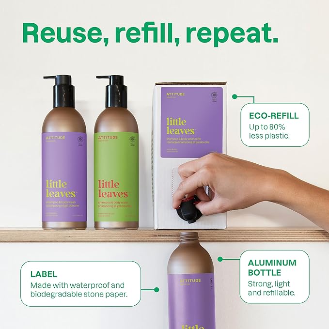 ATTITUDE Shampoo and Body Wash for Kids, EWG Verified Hair and Body Cleanser, Dermatologically Tested Soap, Plant and Mineral Based Bath Products, Vegan, Bulk Refill, Vanilla and Pear, 67.6 Fl Oz