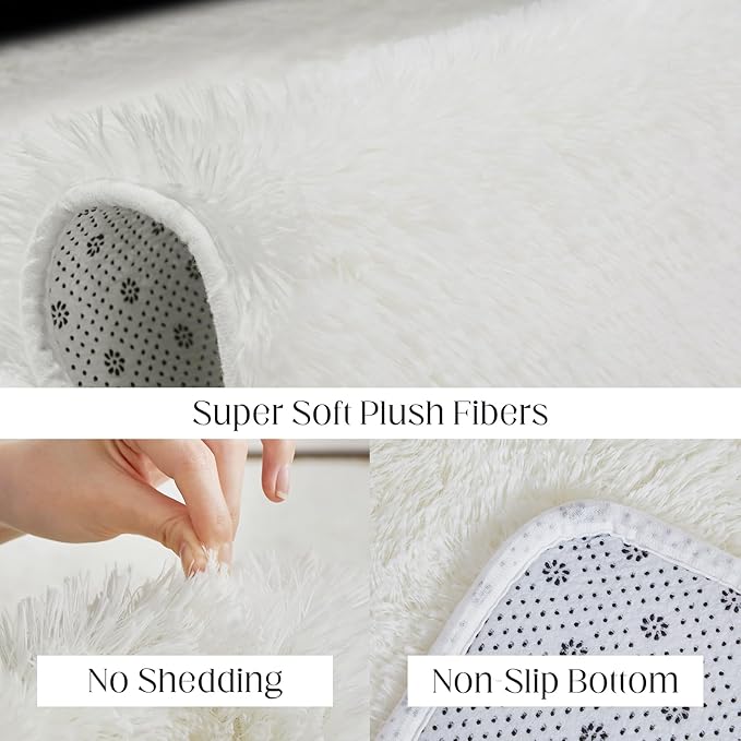 Fluffy Shag Area Rug, 4x6 White Rugs for Bedroom, Soft Plush Area Rugs for Living Room, Non-Slip Indoor Carpet for Nursery, Study Room, Dressing Room, Home Decor