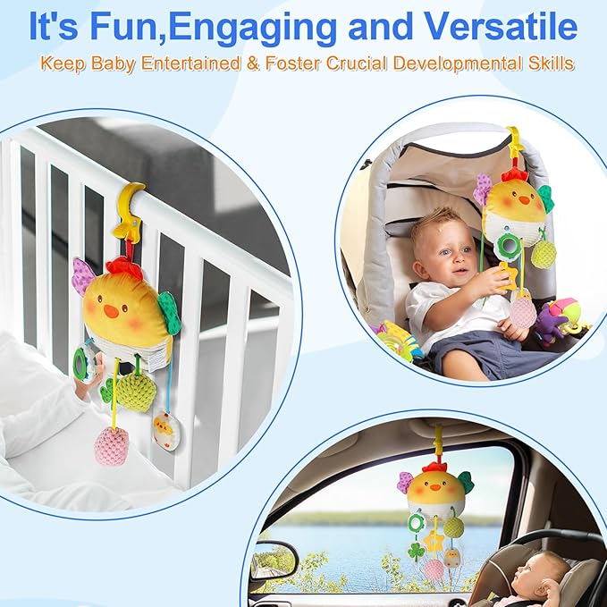Car Seat Toy for Babies 0-6 Months, Stroller Toy with a Convenient clip, Carseat Toys Hanging Baby Accessories,Built-In Bell, Rattle,Squeaky,Mirror for infant,Babies Gift 0-3-6-12 months Boy Girl