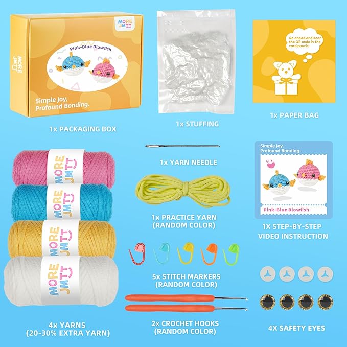 Crochet Kit for Beginners, Learn to Crochet, Include Easy Knitting Soft Yarn, Step-by-Step Video Tutorial, Hook, Holiday Birthday Gift for Adults and Kids(2 Pack Blowfish)
